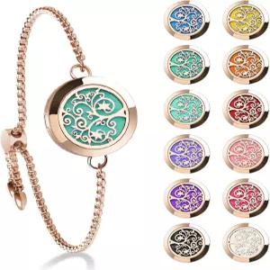 ttstar 에센셜 오일 디퓨저 팔찌 스테인리스 스틸 아로마테라피 로켓 조절식 세트 12가지 다양한 색상의