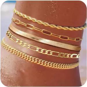 여성 빅 발목용 빅사이즈 골드 발목 팔찌 조절가능 14K 리얼 도금 쿠바 링크 체인 피가로 뱀 헤링본