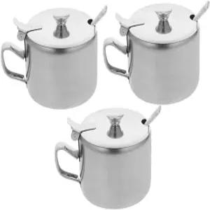 주방 카운터 빈티지 디자인 뚜껑 숟가락 다기능 설탕 그릇이 포함된 VOSAREA 3세트 스테인리스강 향신료