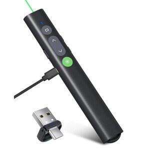 [미국배송] POWERPOINT 녹색 표시등 포인터용 충전식 프레젠테이션 클리커 USB-A /USB-C 무선 프레젠터 리모컨 GOOGLE 슬라이드 어드밴서 스마트 보드 슬라이드쇼 PPT MAC / 노트북 컴퓨터 OFFICE용
