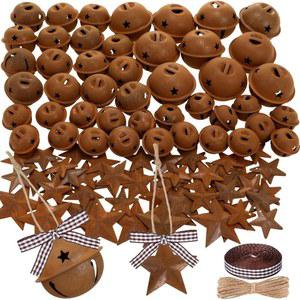 Vertintong 165피스 크리스마스 러스티 메탈 징글 벨 키트, 80개의 혼합 사이즈 빈티지 80 러스틱 스타, 트리 장식용 황마 로프 리본 , 3가지 2.5cm(1인치) 4.5cm(1.18인치), 4.8cm(1.18인치) 4.8cm(1.57인치)