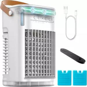 휴대용 에어컨 리모컨 5400mAh 내장 배터리 미니 1.2L 물탱크 및 스박스 자동 꺼짐 타이머 3단 증발식