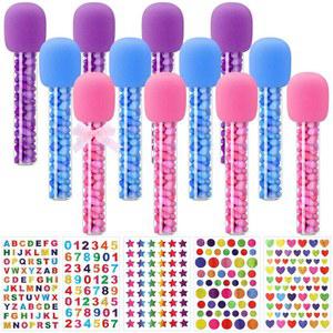 뉴테이 12개 마이크 튜브 테마 생일 파티 장식 10인치 플라스틱 소품 , 노래방 디스코 가수 무대 스티커 미포함 보라색, 분홍색, 파란색