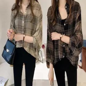 루즈핏 7부 셔츠 여자 체크 블라우스 데일리 시스루 (WFKBXBT)