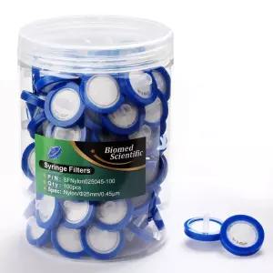 주사기 필터 나일론 25mm 직경 0.45um 기공 크기 비멸균 팩 100개 바이오메드 사이언티픽 제공
