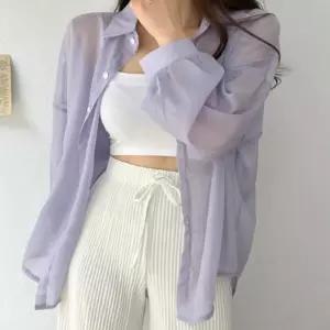 하늘하늘 시스루 블라우스 퍼플셔츠 남방 긴팔 단추