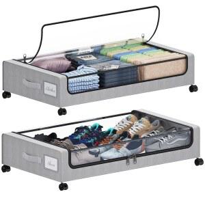 바퀴가 달린 침대 보관함 아래 튜터링, XXL 60L, 뚜껑과 라벨이 보관 용기, 신발, 옷, 책, 장난감을 위한 롤링 메탈 서랍(그레이 2팩)