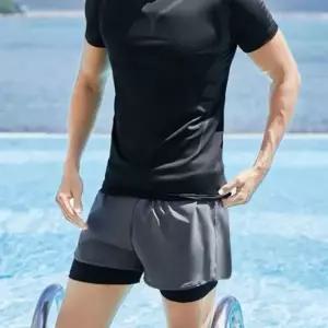 남성 이중 수영반바지 보호타이즈 속건 통기성 이중 수영복 헬스 운동복 자전거 남성 여름 반바지 쿨바지