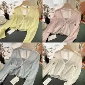 원단추 물결 메쉬 크롭 여름 가디건 에어컨 바람 차단 자외선 얇은 겉옷 아우터 여성 여자 아이스 쿨