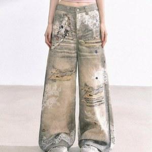 하이 웨이스트 스트레이트 데님 디지털 프린트 아메리칸 레이스 플레어 레트로 패턴 바지 스트리트 청바지 레그 스타일