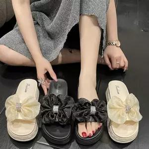 예쁜 큐빅 리본 블링 쉬폰 여름 나들이 통굽 슬리퍼