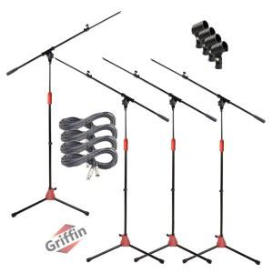 그리핀 4팩 텔레스코핑 마이크 붐 스탠드(스테이지락 시리즈), XLR 케이블 및 클립 - 스튜디오, 라이브 노래방, 컨퍼런스용 삼각대 베이스