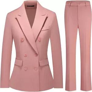 KUDMOL 여성 정장 2피스 바지 세트 비즈니스 핀스트라이프 더블 가슴 오피스 슬림 핏 블 여성용 의상