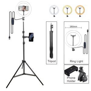 호환 10 인치 LED 링 필 라이트 사진 조명 셀카 삼각대 스탠드 메이크업 라이브 스트리밍 YouTube 용 디 밍이 가능한 링 라이트