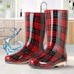 적체크 투명여장 미들 비 여름패션 여성장화 레인부츠 미들부츠