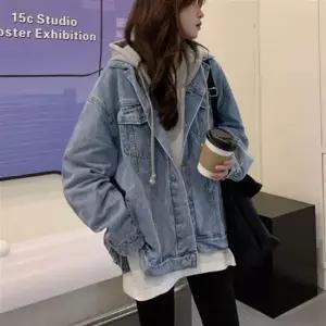 여성 탈부착 후드 청자켓 연청 1P 루즈핏 데님 외투 여자후드청자켓