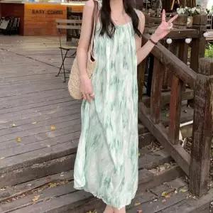 여성바캉스룩 하늘하늘 끈나시 주름 나염 여성 여름 롱 원피스