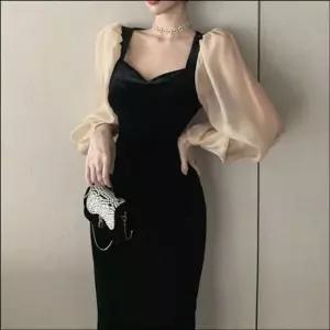 여자 퍼프소매 슬림핏 벨벳 롱원피스 파티룩 페미닌 머메이드