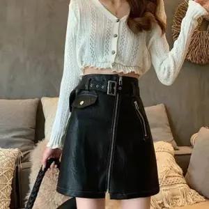 미니 치마 앞지퍼 레더 여자 스커트 페이크 시크 WFLPTLZ