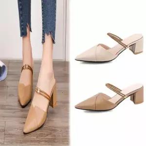 여자 뾰족앞코 힐 펌프스 뮬 구두 미들 통굽 스트랩 WFLPTYM