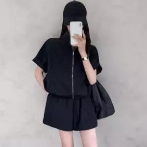 여성 통기성 우수한 폴리에스터 루즈핏 반팔 아노락 집업 반바지 세트