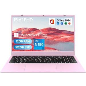 마골라이 15.6인치 FHD 학생용 노트북 컴퓨터, 12GB DDR5, 512GB SSD, 쿼드코어 N150(비트 투 i3-1115G4, 최대 3.6GHz), WiFi 6, 블루투스 5.2, Win 11, MS Office 2024, 핑크