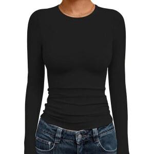 Ekouaer 여성 긴팔 핏 경량 보온 언더셔츠 티셔츠 셔츠 소프트 라운드넥 베이직 티 상의 속옷 슬림