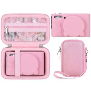 [미국배송] 보브케 하드 케이스 + 캐논 파워샷 SX740 SX730 디지털 카메라용 실리콘 커버 부드러운 보호 케이스가 포함된 충격 방지 EVA 보관 가방 탈착식 렌즈 손목 스트랩 핑크