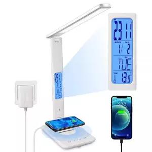 XIZDDL 무선 충전기 있는 LED 책상 램프 가정용 사무실용 조도 조절 가능 USB 충전 포트 내장 시계 달력 온
