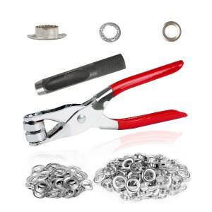 150개 1/2인치 그로밋 공구 키트, 가죽 홀 펀치 플라이어, 가죽, 신발, 패브릭, 벨트용 실버 금속 아일렛 150개가 포함된 키트