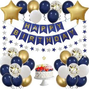 MSMANCY 네이비 블루 파티 장식 세트 - 생일 축하 배너, 글리터 스타 갈랜드, 호일 및 소년 장식용 풍선