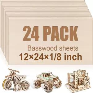 24팩 배스우드 시트 12 x24 x1 /8 절단 및 조각용 3mm 공예용 얇은 합판 보드 미완성 목재 DIY 장식 건축