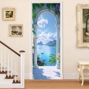 43.2 x 99.1cm(17 39인치) 화이트 아치 도어 스티커 데칼, 요트 블루 오션 베이 및 마운틴 뷰, 거실 침실 또는 입구용 장식용 벽화