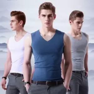 남성용 브이넥 런닝 이너 나시티 여름 쿨 티셔츠 면 원피스 실내복 티셔츠 드레스 카라 롱 박스