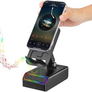 엔프릴리브 무선 인덕션 오디오 블루투스 스피커 5in1 휴대폰 홀더 비상 충전식, 다채로운 앰비언트 라이트 300 접이식 태블릿 안드로이드, 남성 여성용 거울(블랙) 선물하기