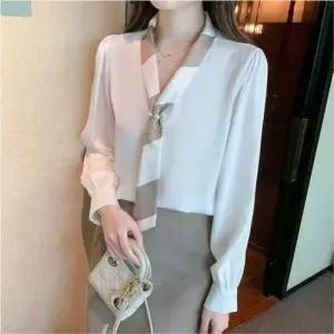 배색 새틴블라우스 여성봄블라우스 깃털블라우스 WFLPSAS