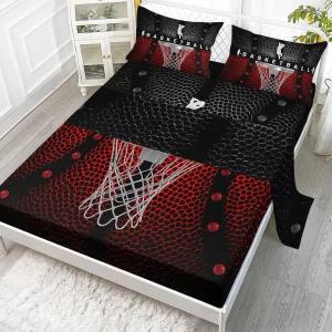 Axolotl 농구 침구 시트 스포츠 피팅 퀸 3D 볼 패턴 침대 세트 테마 소년 청소년용 블랙 레드 플랫 1 핏 2