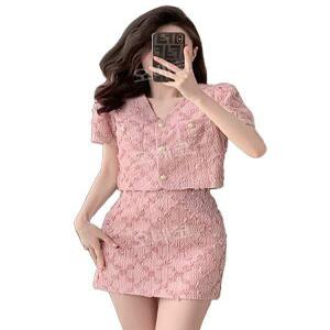 핑크트위드셋업 반팔 미니스커트 L 항공발송 여름하객룩 세트 투피스 프렌치