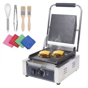 상업용 파니니 프레스 그릴, 1800W 전기 스테인리스 스틸 샌드위치 메이커, 핸들 온도 조절 기능이 있는 휴대용 토스터, 햄버거 스테이크 베이컨용 매끄러운 평평한 표면 그릴