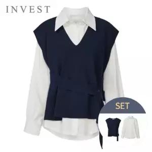 [인베스트] 베이직 카라 롱 블라우스+V넥 조끼 세트_IN6S1BL5071