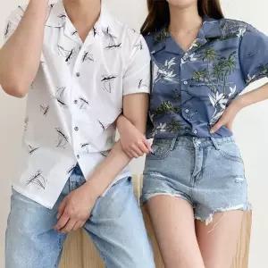 야자수 요트 디자인 커플 셔츠 신혼여행룩 시밀러룩 커플바캉스룩 커플여름남방