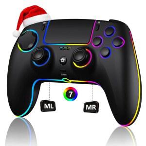 SZDILONG 무선 컨트롤러 P-S5 Pro /Slim, MAC, iOS, Steam, PC Windows / Android 10 이상용 7가지 색상 RGB 조명, 프로그래머블 마이크 듀얼 진동, 3 5mm 오디오 잭, 블랙 지원