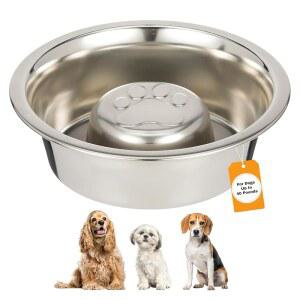 니터 펫 브랜드 빠르게 먹는 미디엄 브리드용 스테인리스 스틸 슬로우 피드 개 볼, 메탈 피더 볼은 디럭스, 강아지 또는 반려견용(19-40파운드), 1컵 사료 용량에 적합합니다