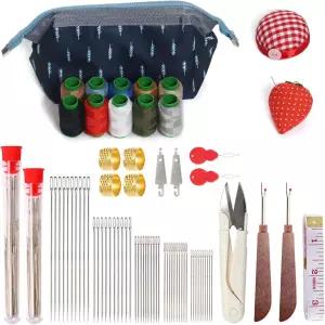 75개 바느질 도구 세트 10롤 청바지 실 및 딸기 핀 쿠션 홀더 포함 대구경 스틸 바늘 키트 초보자용 데님