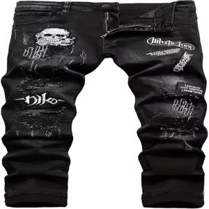 ESDVQ 남성용 찢어진 청바지 프린트 블랙 해골 자수 슬림 스트레이트 레그 스택