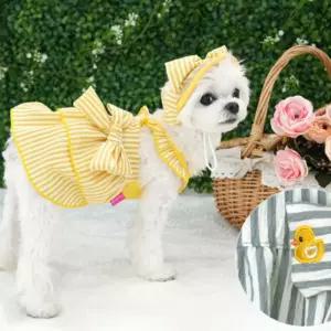 강아지 스트라이프 프릴 원피스 모자 세트 (옐로우)실내복 여름 피크닉 예쁜옷 귀여운 민소매 반려견 애견
