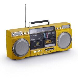 [미국배송] 카세트 녹음 기능이 있는 AIWA 레트로 붐박스 CD 플레이어 블루투스 5.0 FM/AM 라디오 USB/SD/AUX 입력 VU 미터 LCD 디스플레이 듀얼 40W 스피커 - 노란색