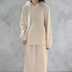 [옷자락]여성용 후리스 후드티와 스트링 반집업 롱스커트 세트