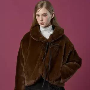 [KOLEAT][밍크 ver.] 오버핏 크롭 리본 누빔 무스탕 자켓 [Brown] 비건 퍼 ver.