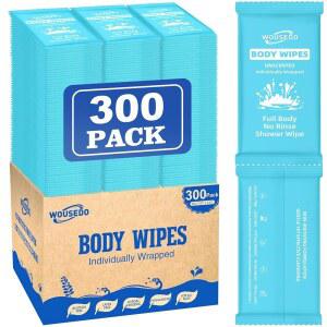 300개 초두꺼운 부드러운 대형 바디 물티슈 개별 포장(7.87인치 x 9.45인치), 샤워 물티슈, 헹굼 금지, 여행 체육관용 개인 클렌징 노숙자용 대량 탈취제(블루)